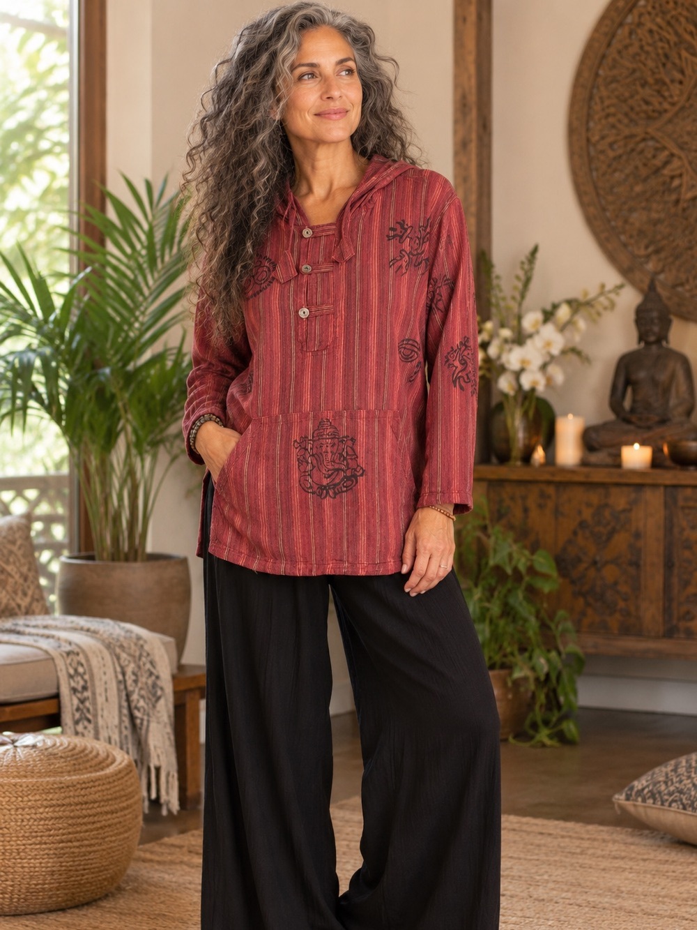 Henna Shoppe Boho Ganesha Symbol Henley Maroon Tunic Top Long Sleeve NWT Small